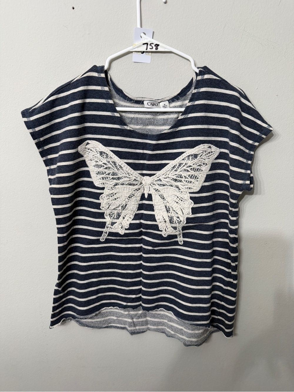 Women's Cato Navy White Striped Butterfly Lace Applique Top Medium